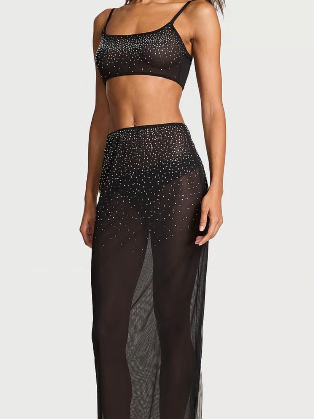 Victoria's Secret Sparkle Crystal Sheer Bralette & Maxi Skirt Set Black Size L